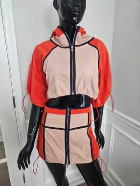 Drawstring Crop Hoodie & Skirt Set - Peach & Orange with Navy Trim